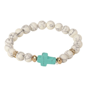 Bracelet - White Stone with Turquoise Cross Stretch Bracelet