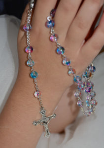 Pink and Blue Glass 7mm Bead Rosary with Silver Crucifix - Boxed