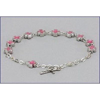Pink Metal Cross Rosary Bracelet