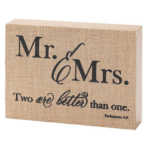 Mr. & Mrs. Two are Better Than One Ecc.4:9 Jute Plaque